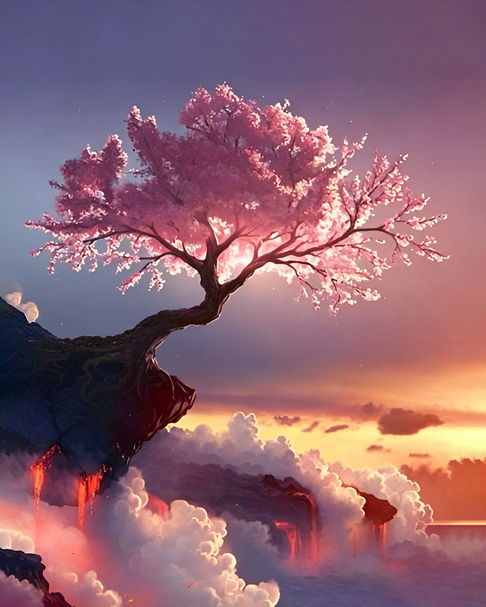 Pink blossom tree on cliff cross stitch kit for beginners
