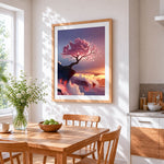 Pink blossom tree on cliff cross stitch artwork displayed on wall as home decor