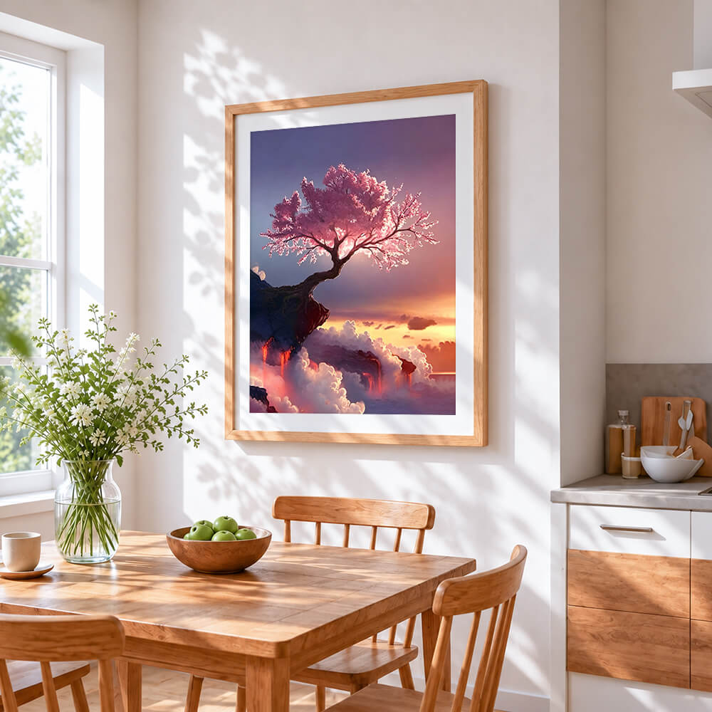 Pink blossom tree on cliff cross stitch artwork displayed on wall as home decor
