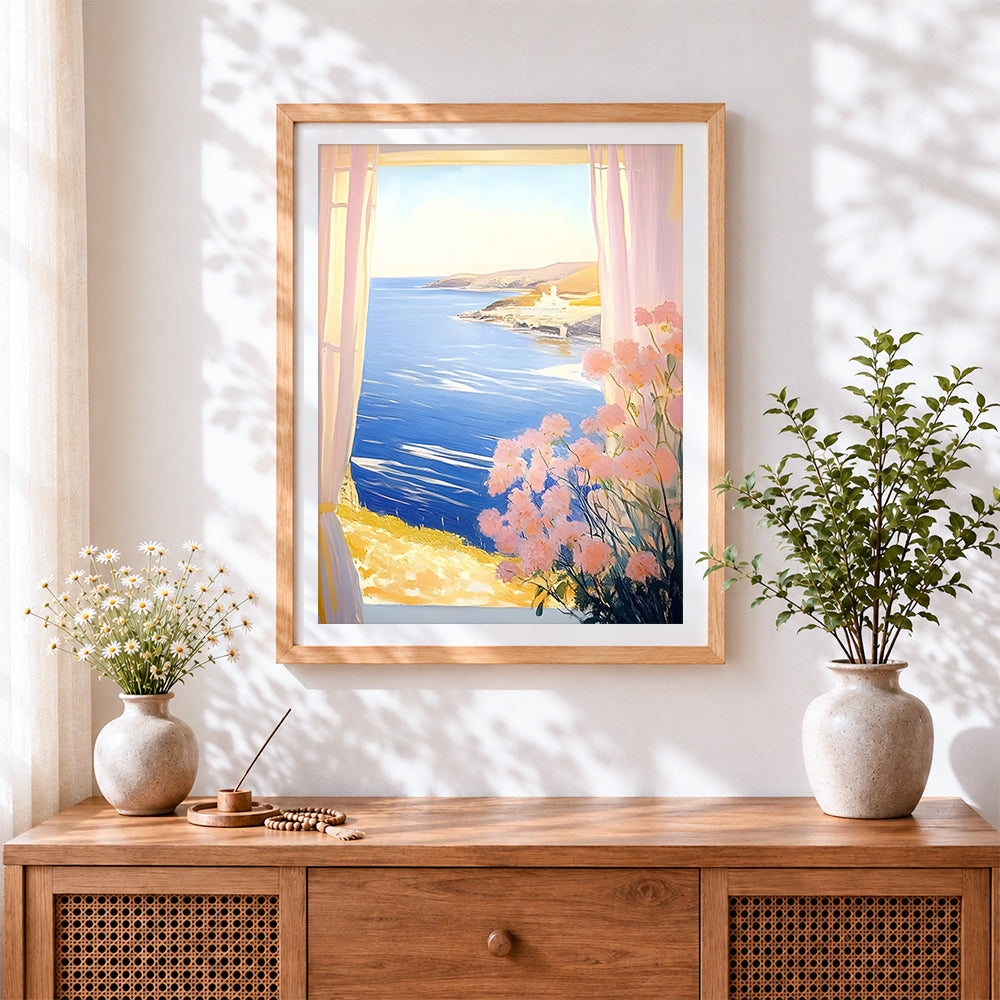 Finished pink blossoms and ocean view window cross stitch artwork displayed
