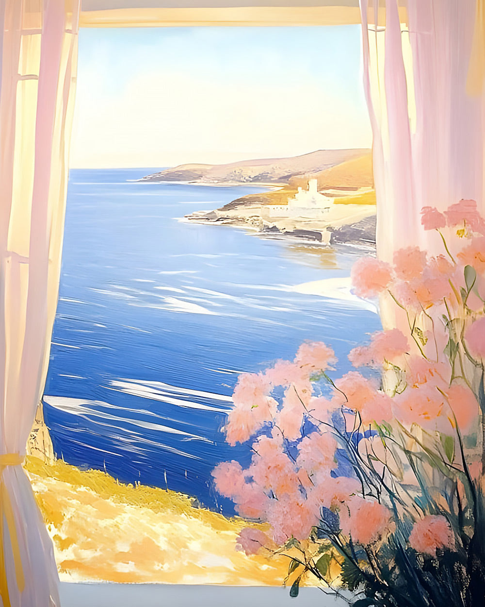 Pink blossoms and ocean view window cross stitch kit for beginners