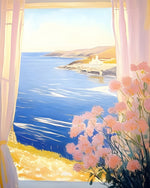Pink blossoms and ocean view window cross stitch kit for beginners