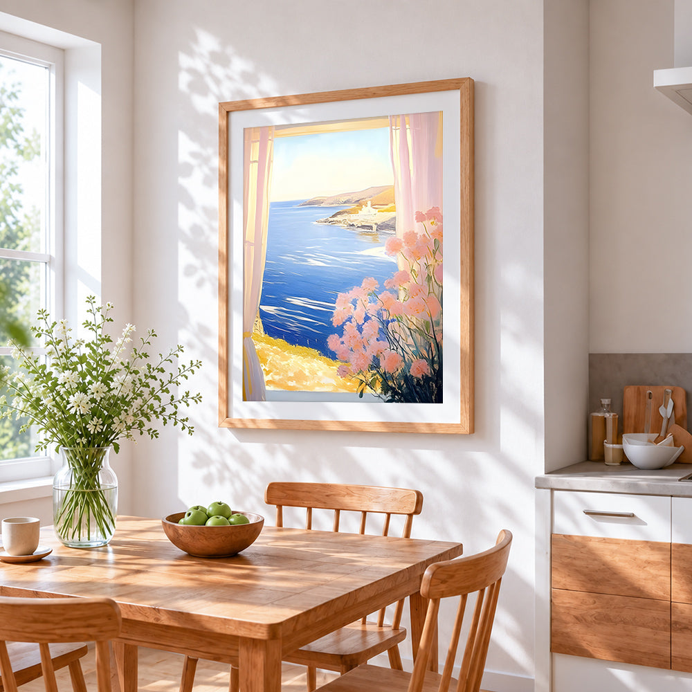 Pink blossoms and ocean view window cross stitch artwork displayed on wall as home decor