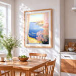 Pink blossoms and ocean view window cross stitch artwork displayed on wall as home decor
