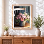 Finished pink blossoms in a wicker basket paint by numbers artwork displayed as home decor