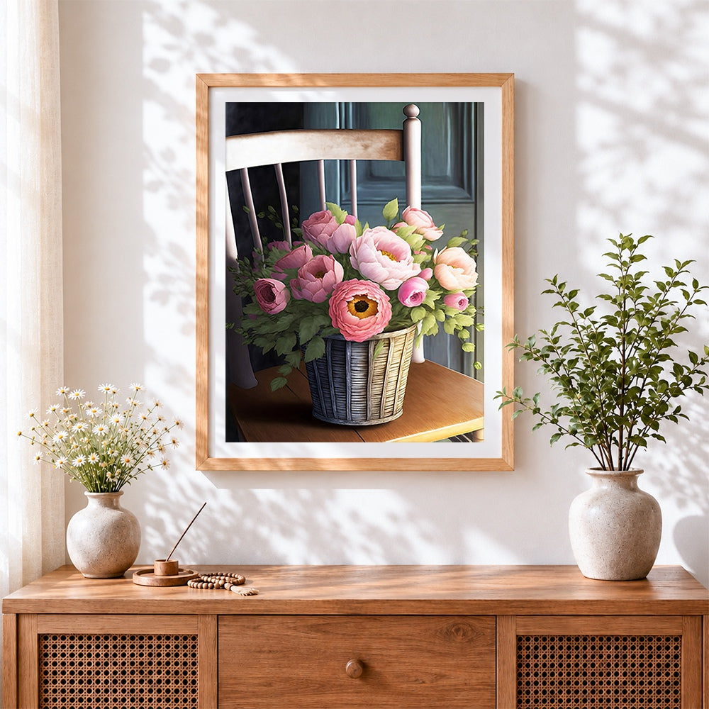 Finished pink blossoms in a wicker basket paint by numbers artwork displayed as home decor