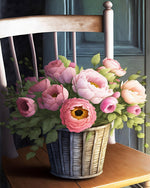 Pink blossoms in a wicker basket paint by numbers kit for beginners