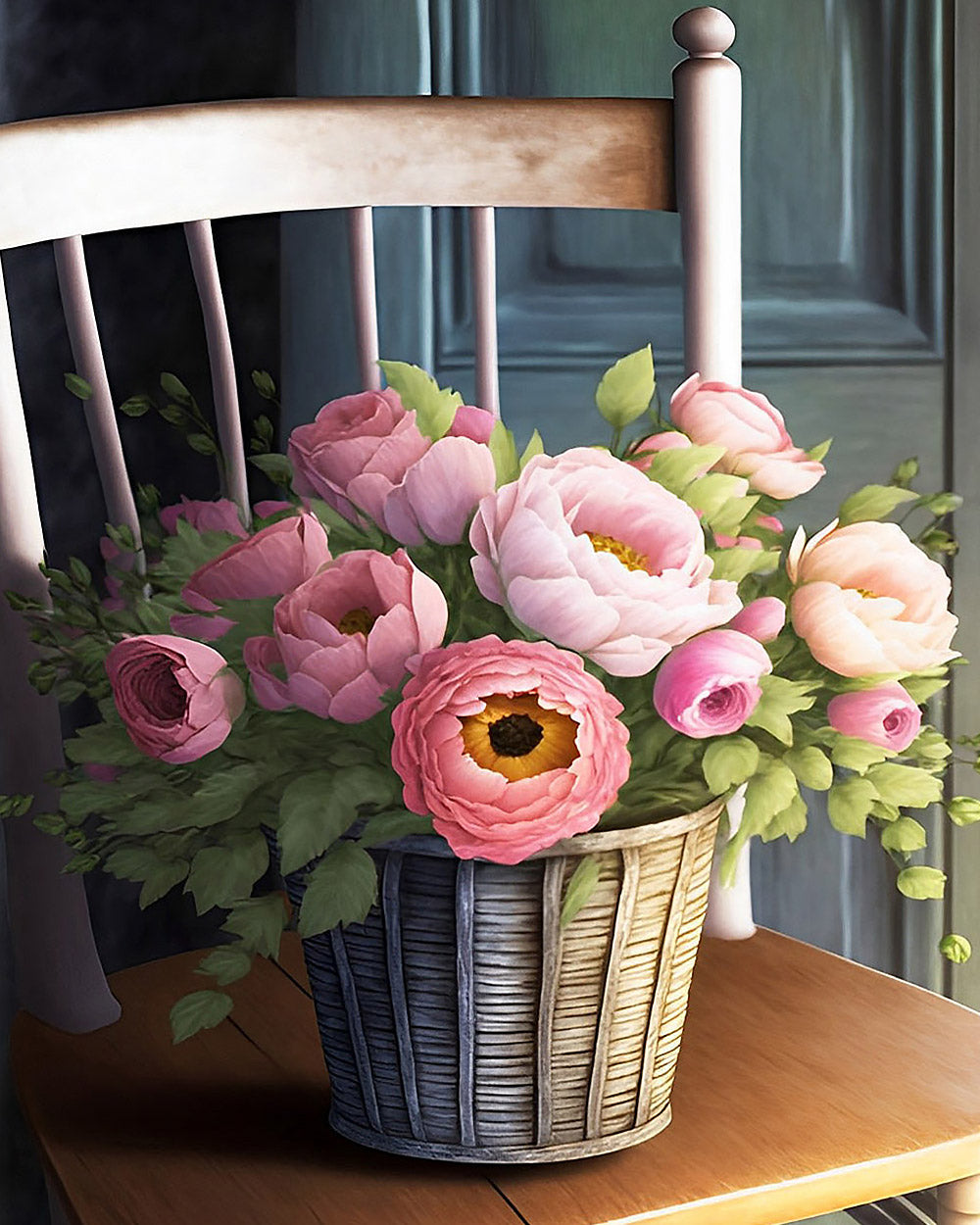 Pink blossoms in a wicker basket paint by numbers kit for beginners