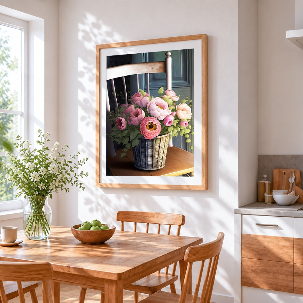 Pink blossoms in a wicker basket paint by numbers artwork displayed on wall as home decor