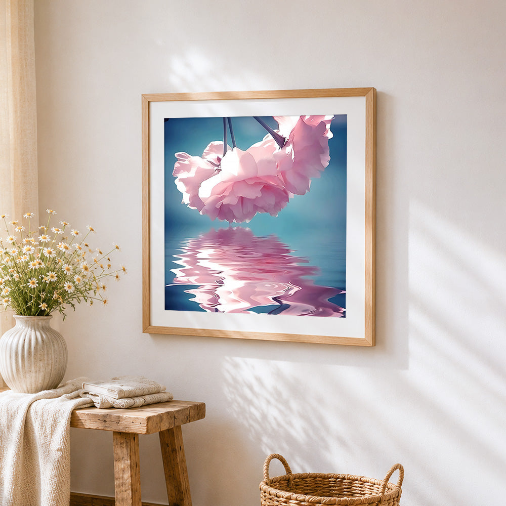 Pink blossoms with water reflection paint by numbers artwork displayed on wall as home decor