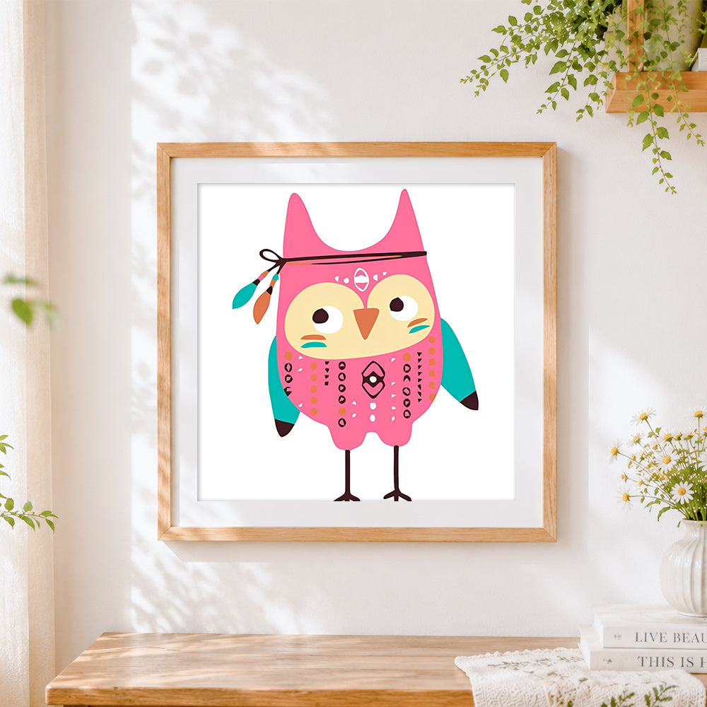 Finished pink boho owl cross stitch artwork displayed