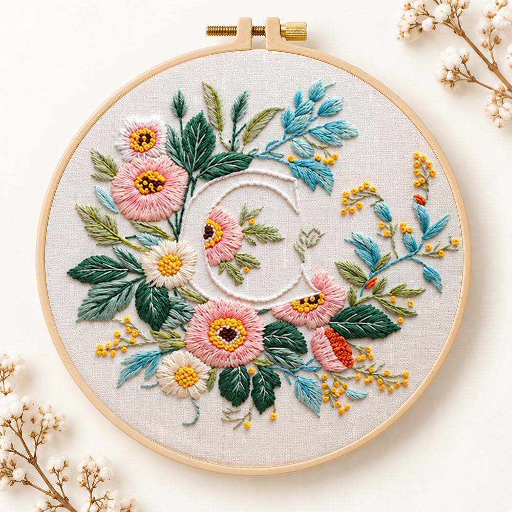 Pink botanical blooms and letter c embroidery kit