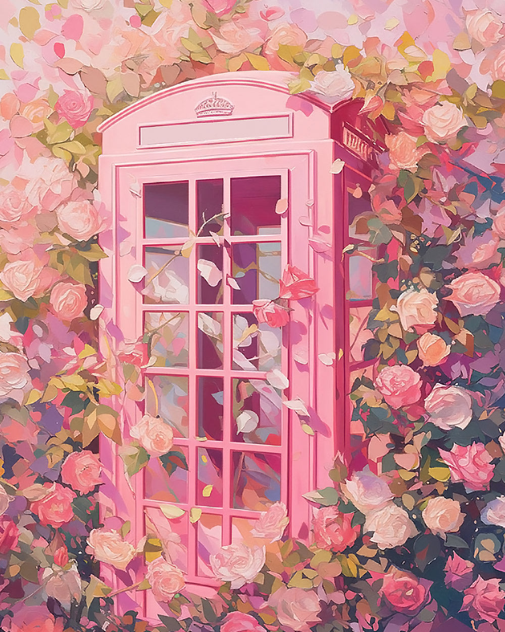 Pink british phone box and roses cross stitch kit for beginners