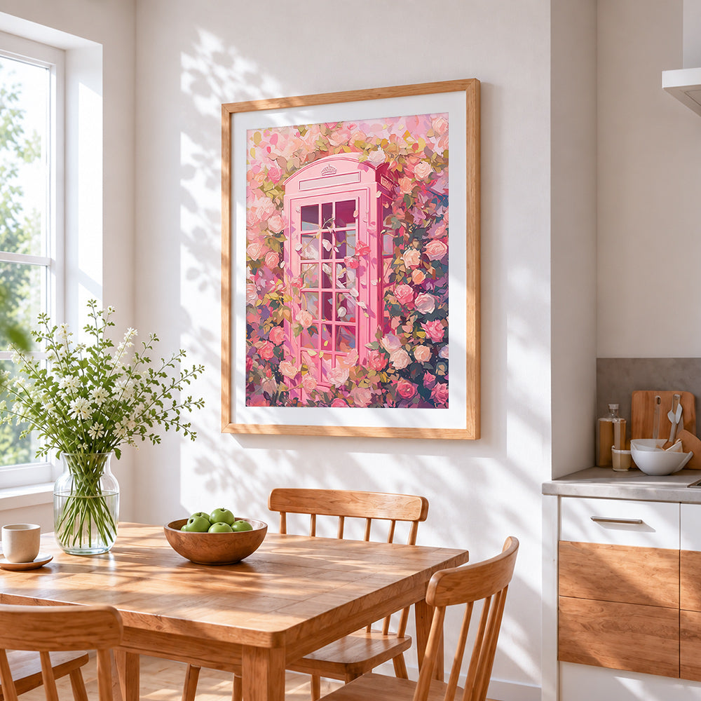 Pink british phone box and roses cross stitch artwork displayed on wall as home decor
