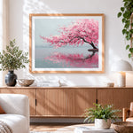 Finished pink cherry blossom by the lake cross stitch artwork displayed