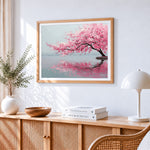 Pink cherry blossom by the lake paint by numbers artwork displayed on wall as home decor