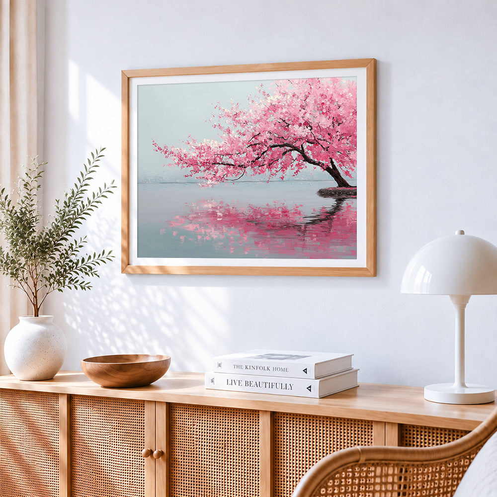Pink cherry blossom by the lake paint by numbers artwork displayed on wall as home decor