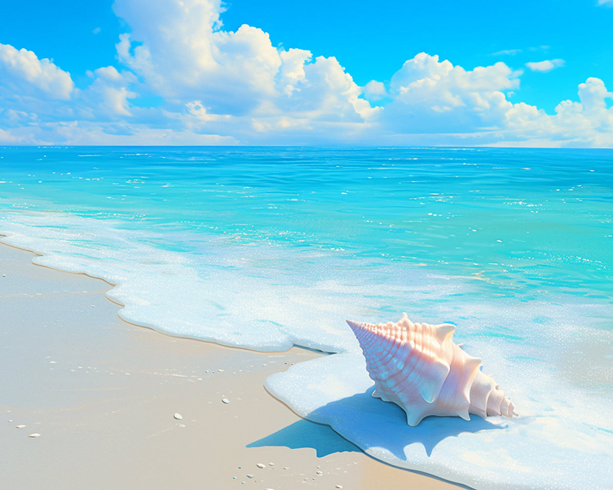 Pink conch shell on beach cross stitch kit for beginners