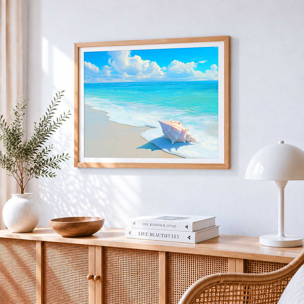 Pink conch shell on beach paint by numbers artwork displayed on wall as home decor