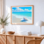 Pink conch shell on beach paint by numbers artwork displayed on wall as home decor