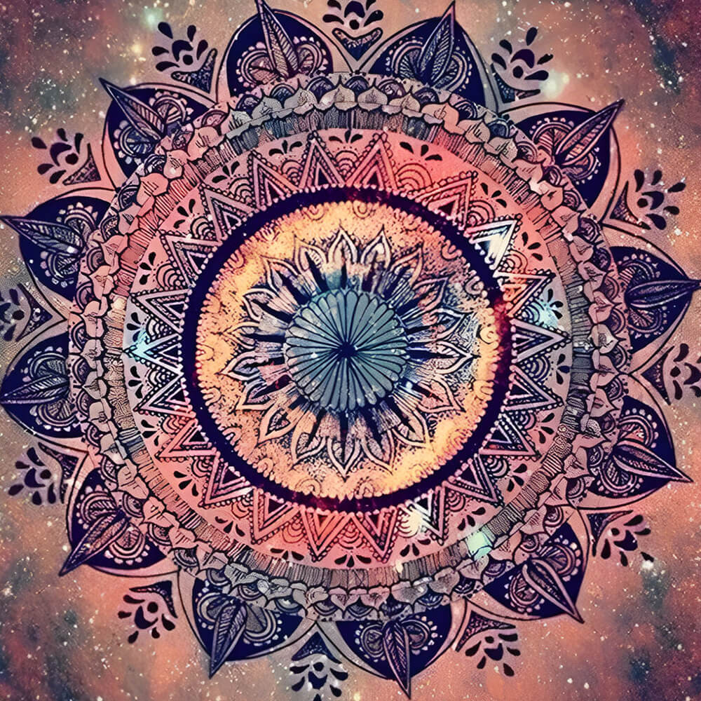 Pink cosmic mandala on starry background cross stitch kit for beginners