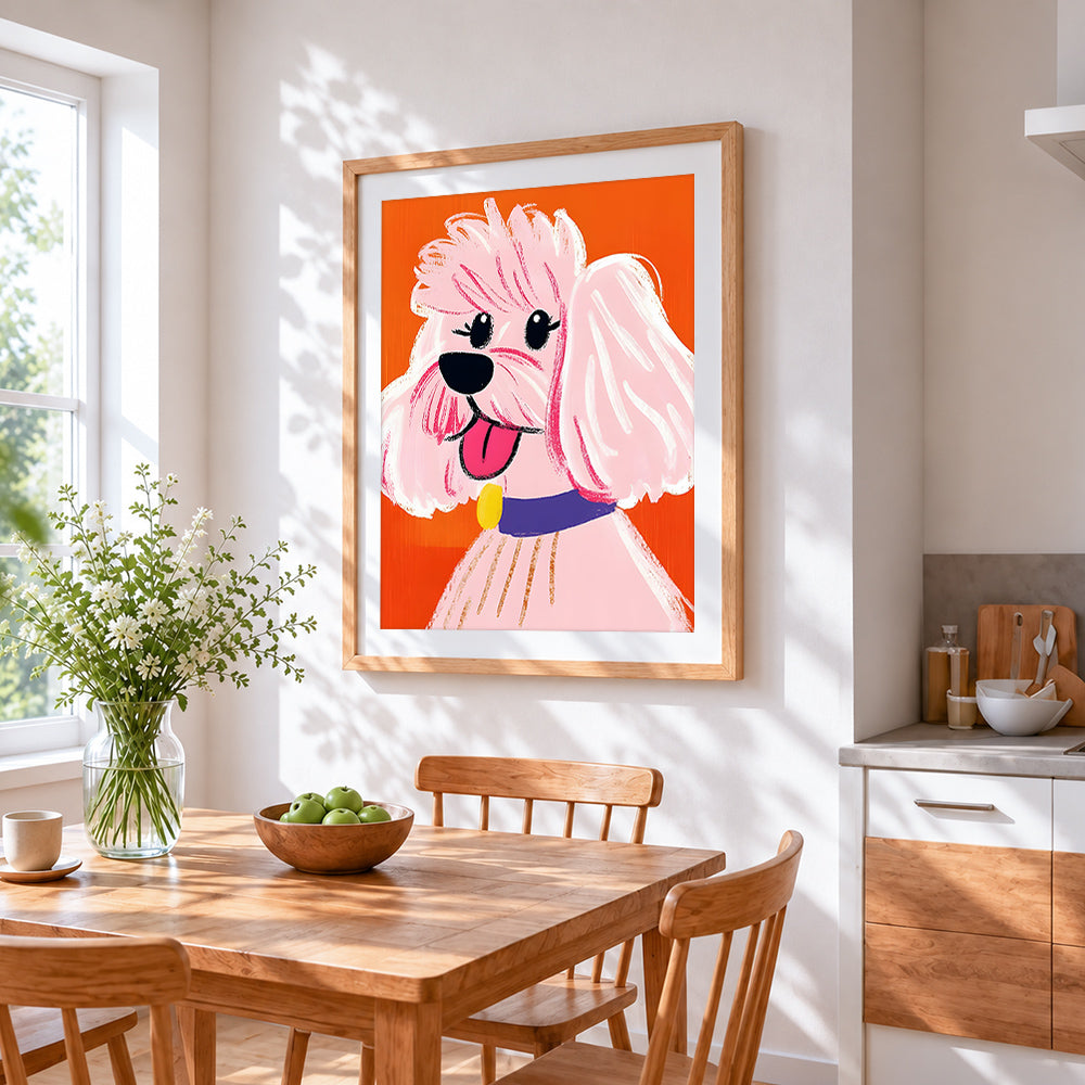 Pink doodle poodle cross stitch artwork displayed on wall as home decor