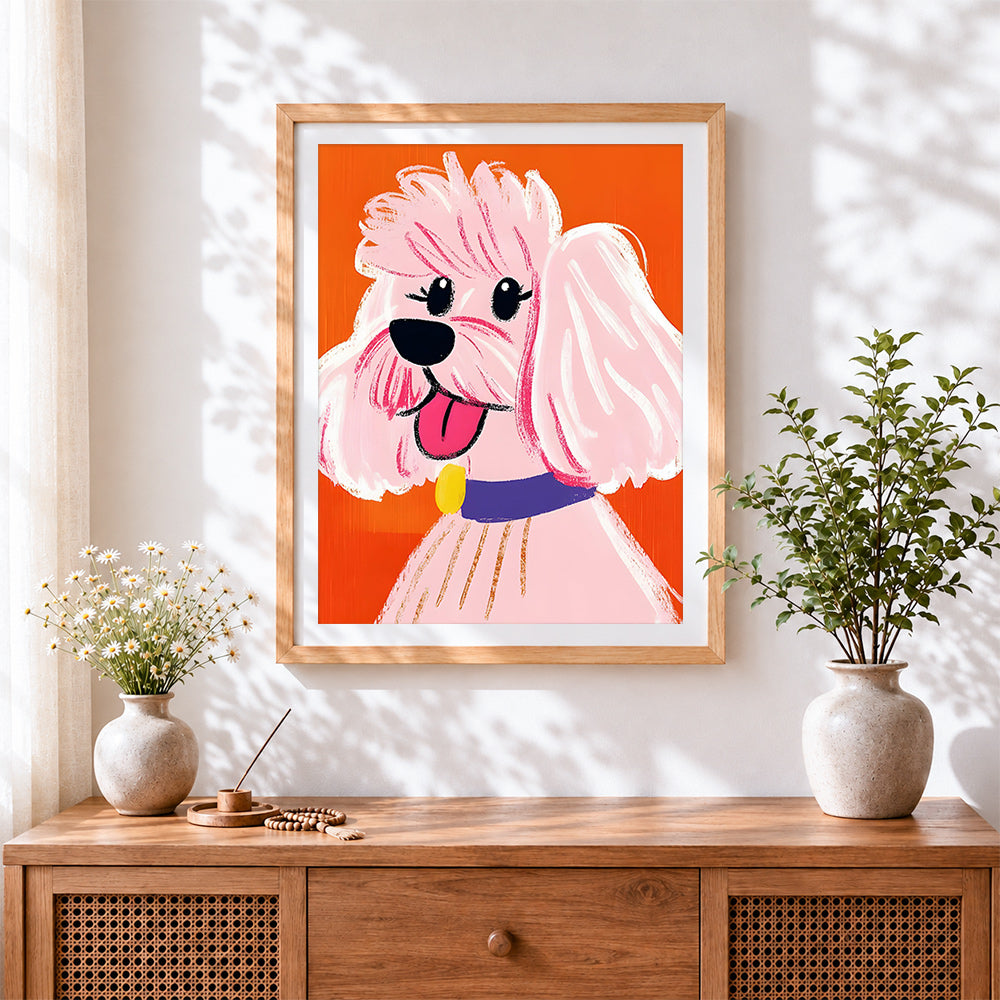 Finished pink doodle poodle paint by numbers artwork displayed as home decor