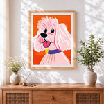 Finished pink doodle poodle paint by numbers artwork displayed as home decor