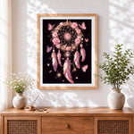 Finished pink dreamcatcher with roses cross stitch artwork displayed