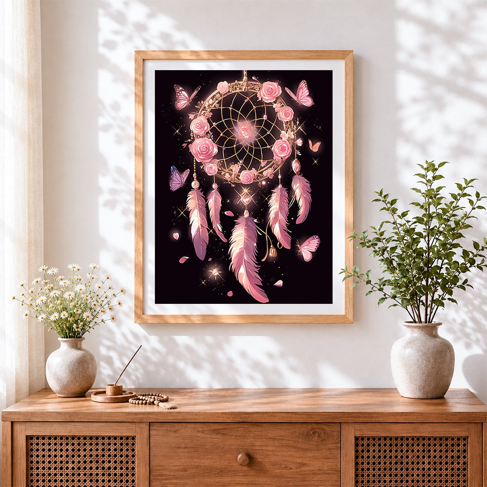 Finished pink dreamcatcher with roses cross stitch artwork displayed