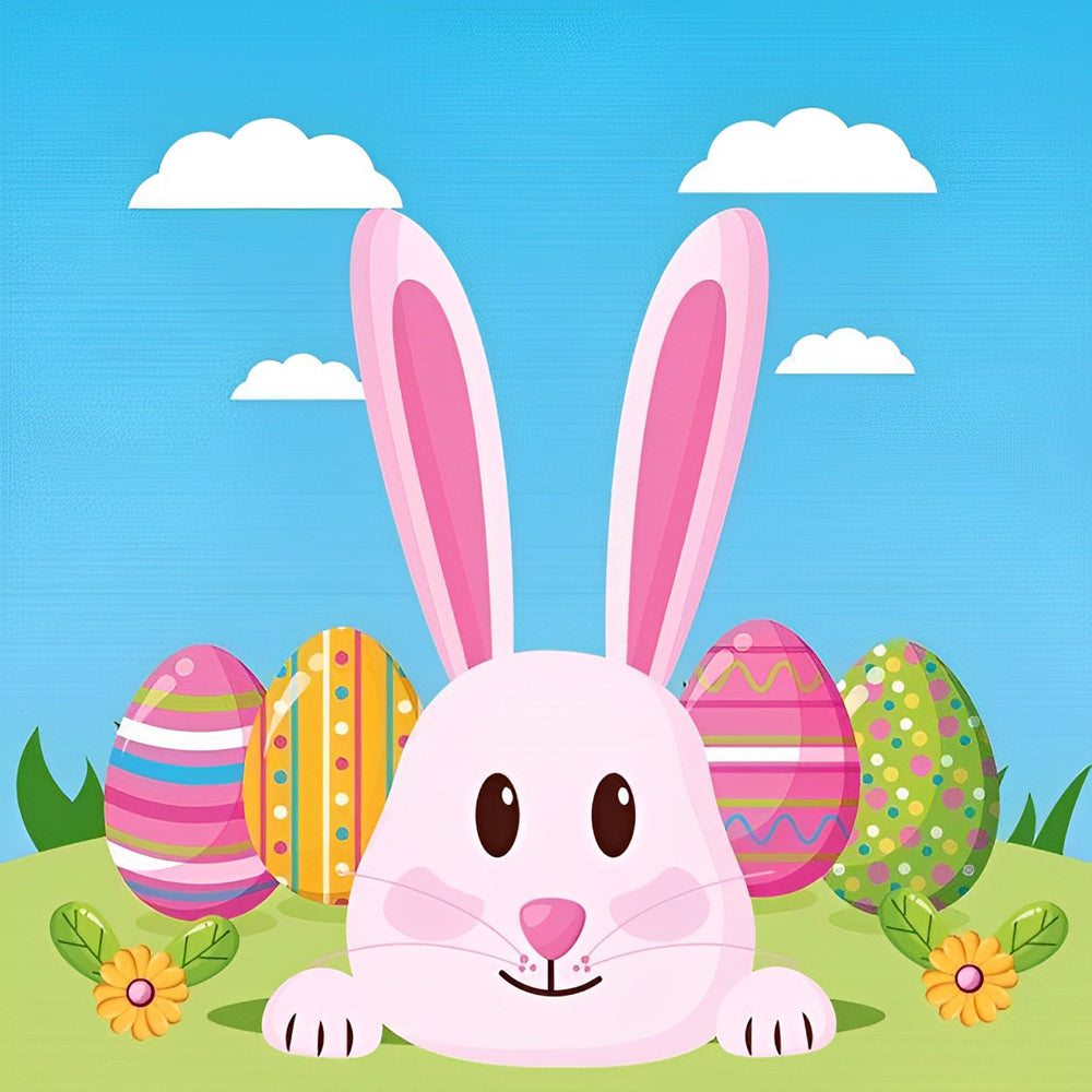Pink easter bunny with colourful eggs cross stitch kit for beginners