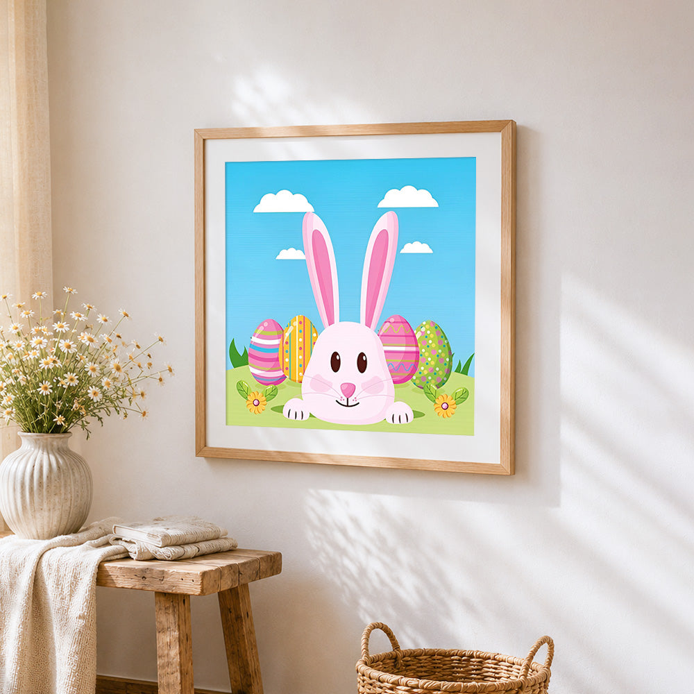 Pink easter bunny with colourful eggs cross stitch artwork displayed on wall as home decor