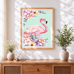 Finished pink flamingo and floral bouquet paint by numbers artwork displayed as home decor