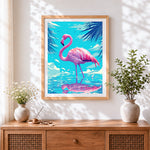 Finished pink flamingo in water cross stitch artwork displayed