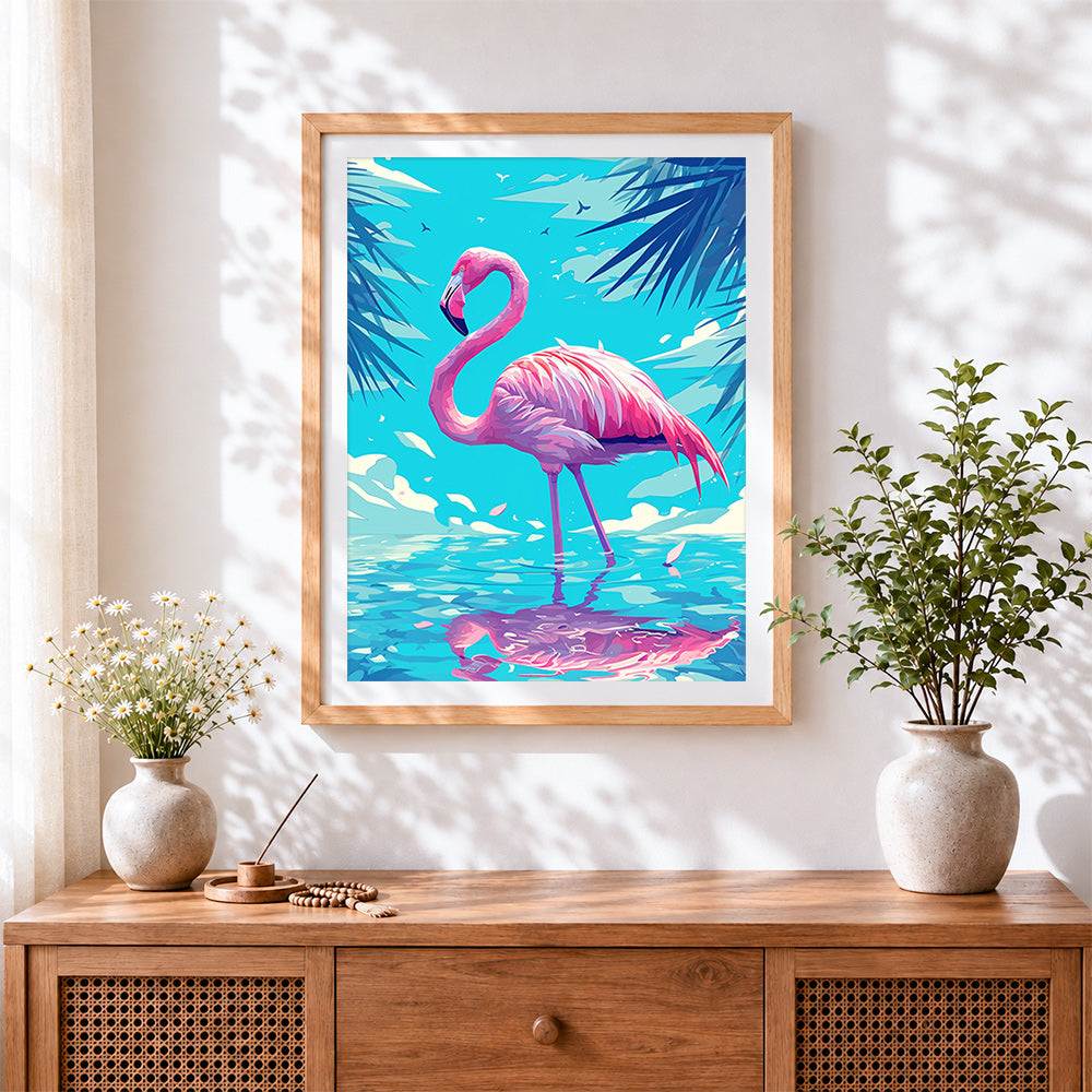 Finished pink flamingo in water cross stitch artwork displayed