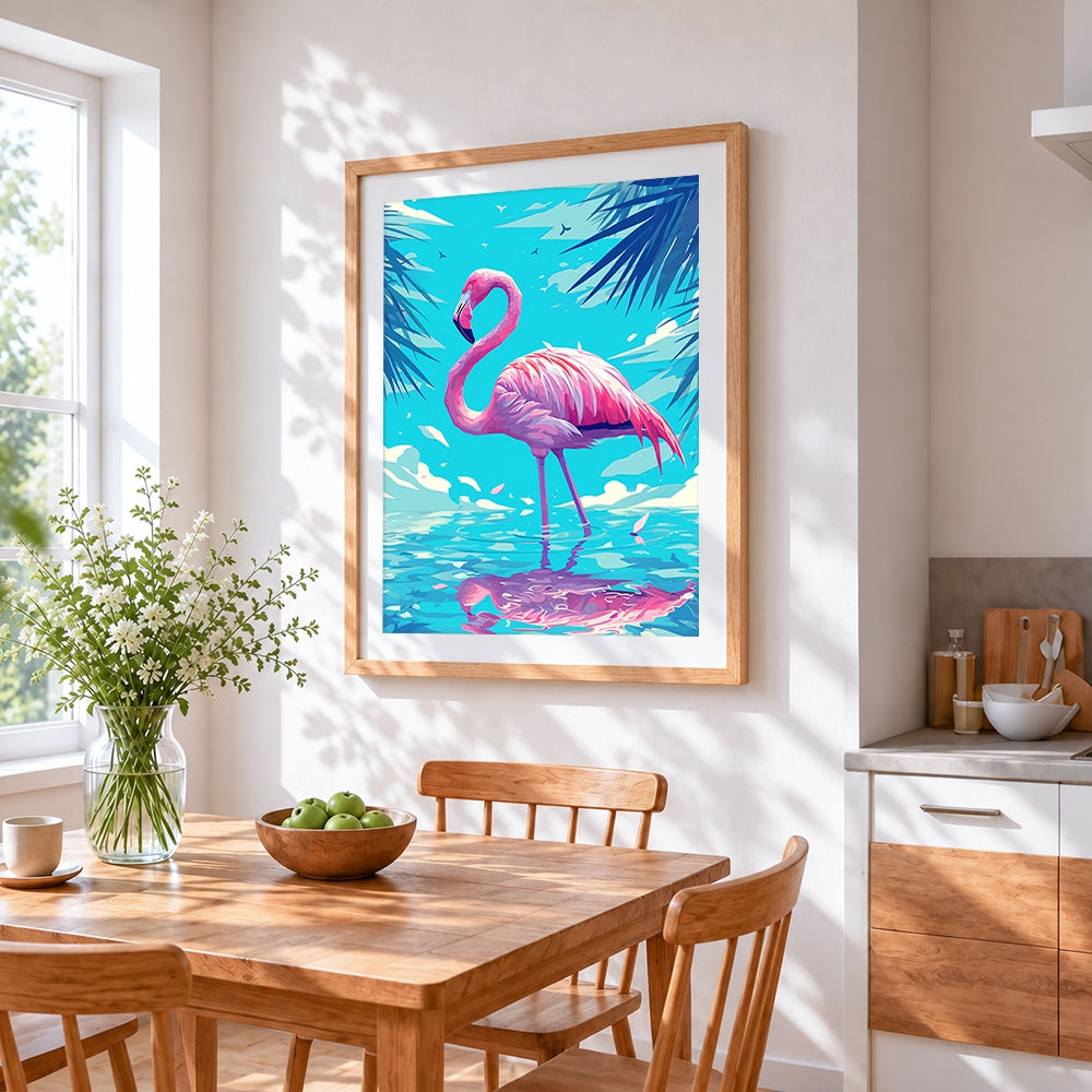 Pink flamingo in water cross stitch artwork displayed on wall as home decor