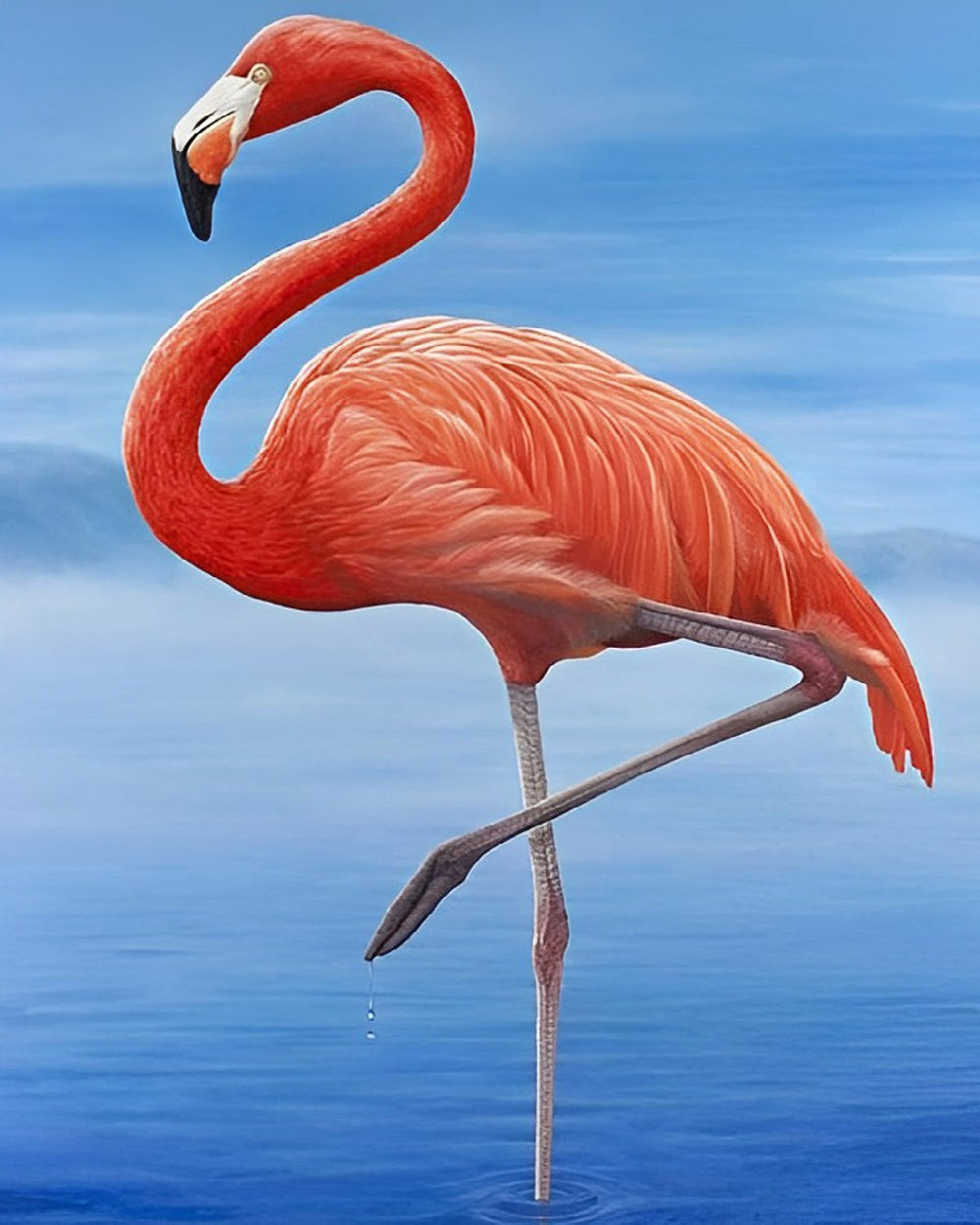 Pink flamingo on blue water cross stitch kit for beginners