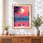 Finished pink flamingos at sunset cross stitch artwork displayed