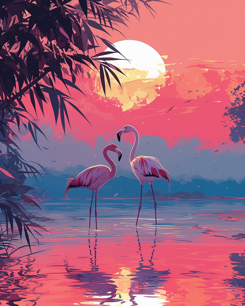 Pink flamingos at sunset cross stitch kit for beginners