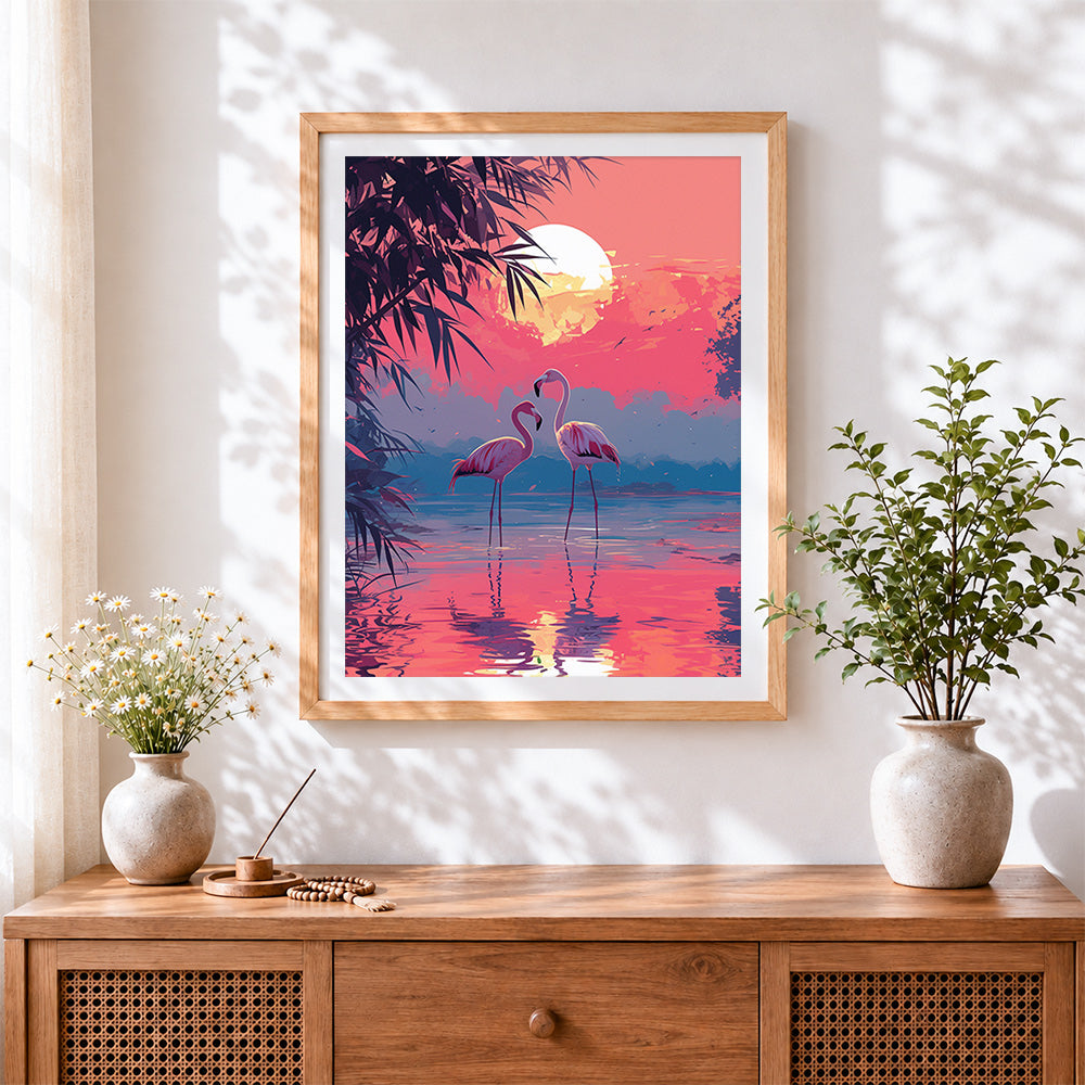 Finished pink flamingos at sunset paint by numbers artwork displayed as home decor