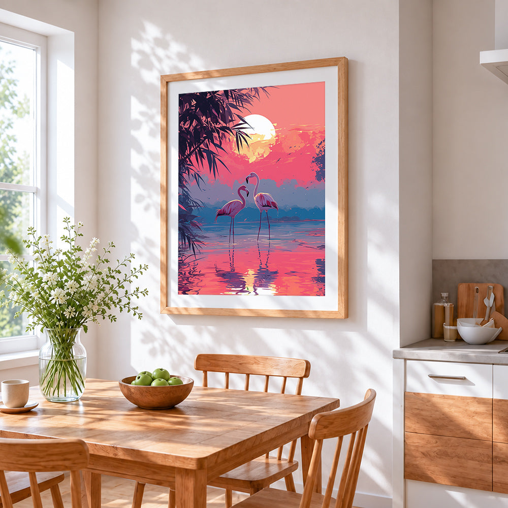 Pink flamingos at sunset paint by numbers artwork displayed on wall as home decor