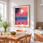Pink flamingos at sunset paint by numbers artwork displayed on wall as home decor