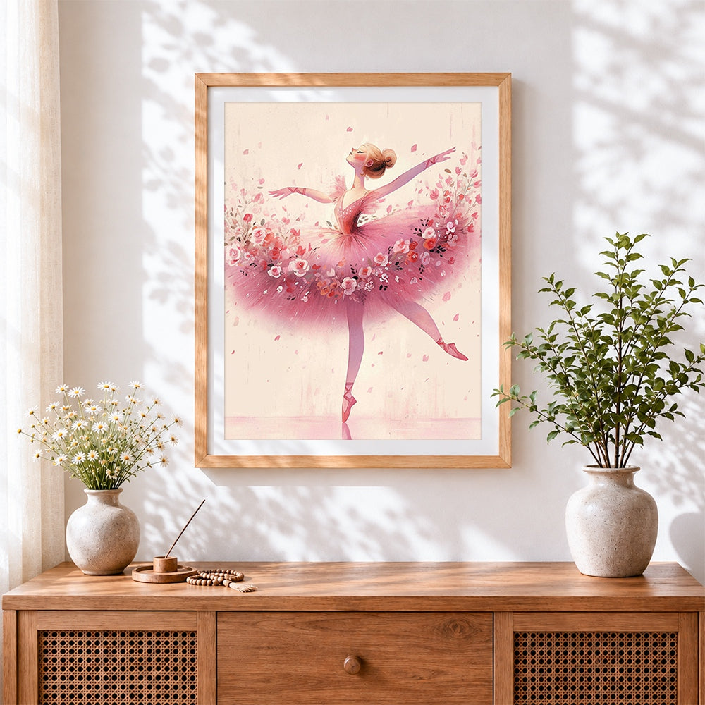 Finished pink floral ballerina cross stitch artwork displayed
