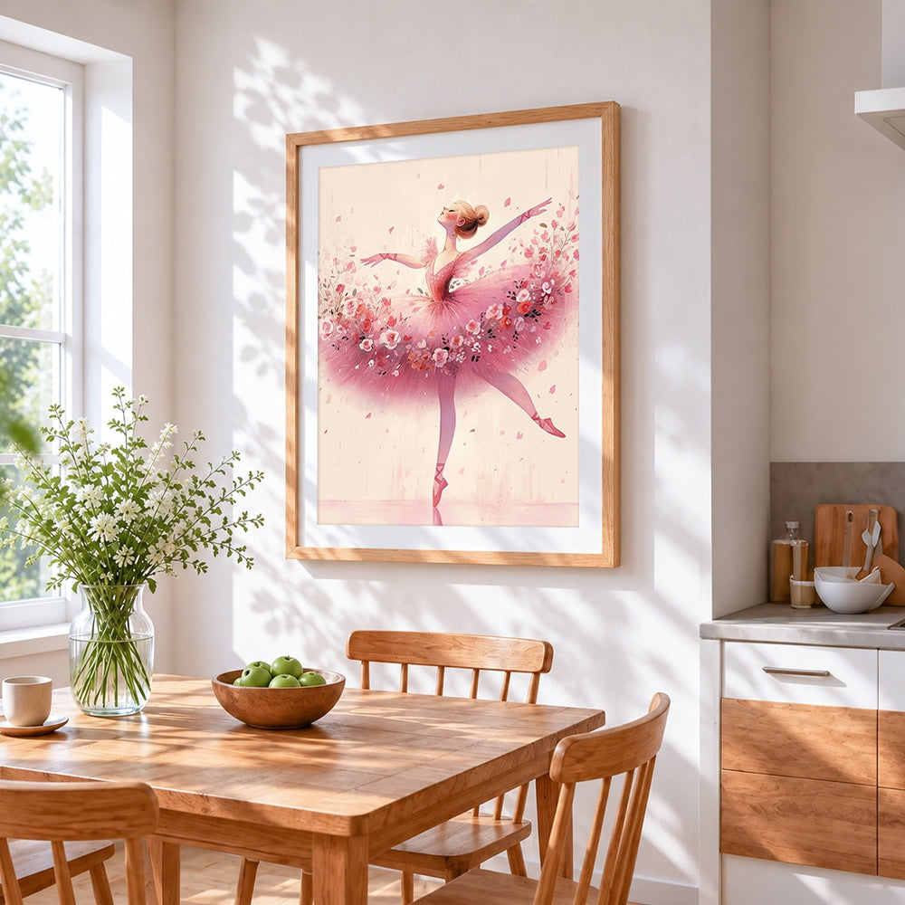 Pink floral ballerina cross stitch artwork displayed on wall as home decor