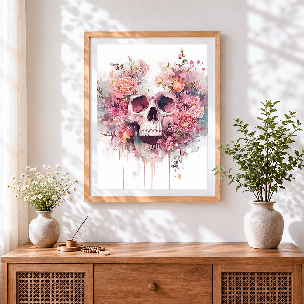 Finished pink floral watercolour skull cross stitch artwork displayed