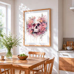 Pink floral watercolour skull cross stitch artwork displayed on wall as home decor