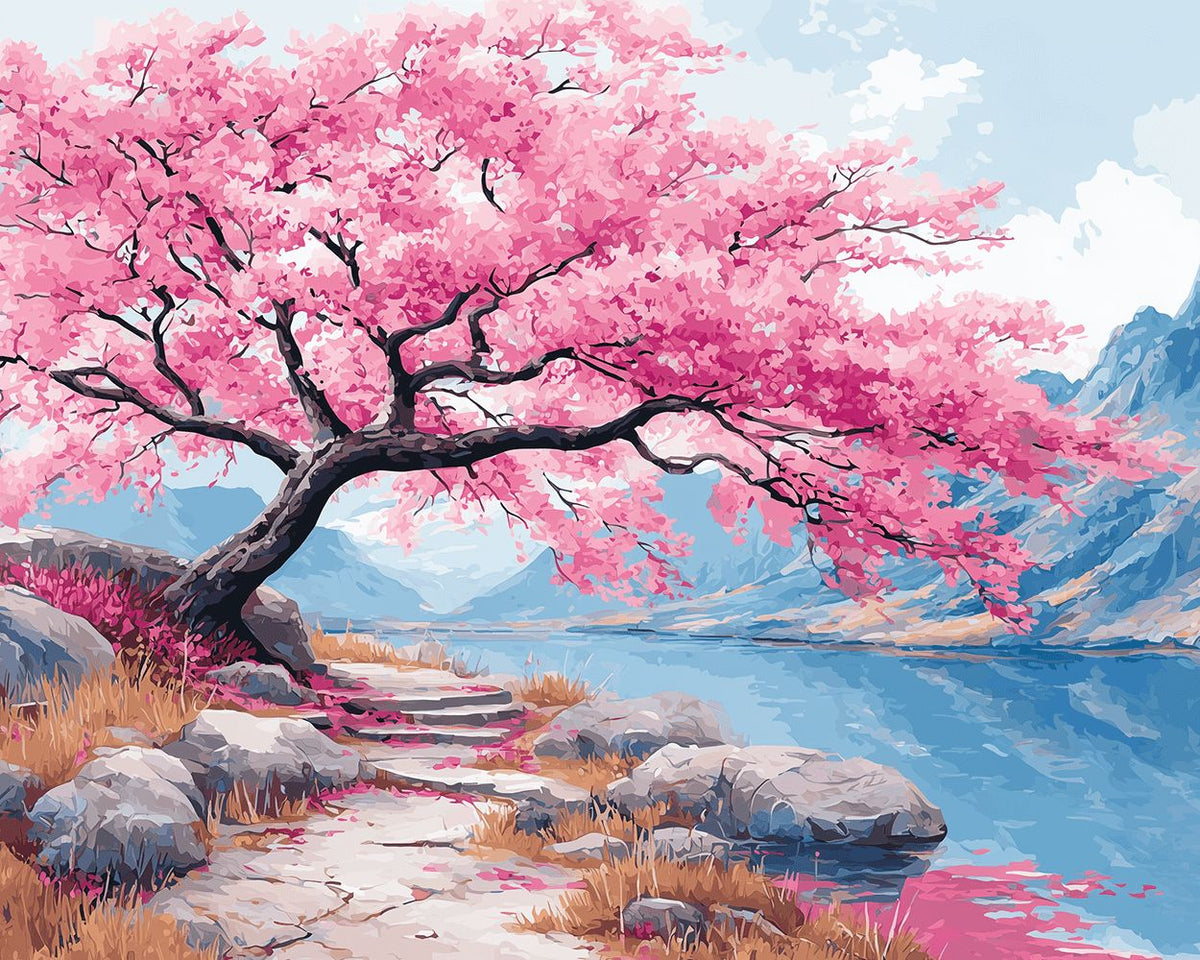Pink flower tree and mountains cross stitch kit for beginners