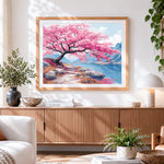 Finished pink flower tree and mountains paint by numbers artwork displayed as home decor