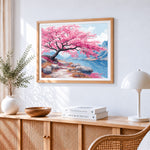 Pink flower tree and mountains paint by numbers artwork displayed on wall as home decor