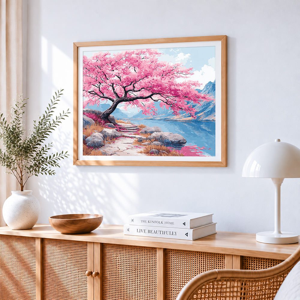 Pink flower tree and mountains paint by numbers artwork displayed on wall as home decor